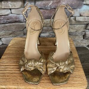 SAM EDELMAN Gold Glitter Metallic Bow High Heel Sandal Ankle Strap Women's 9